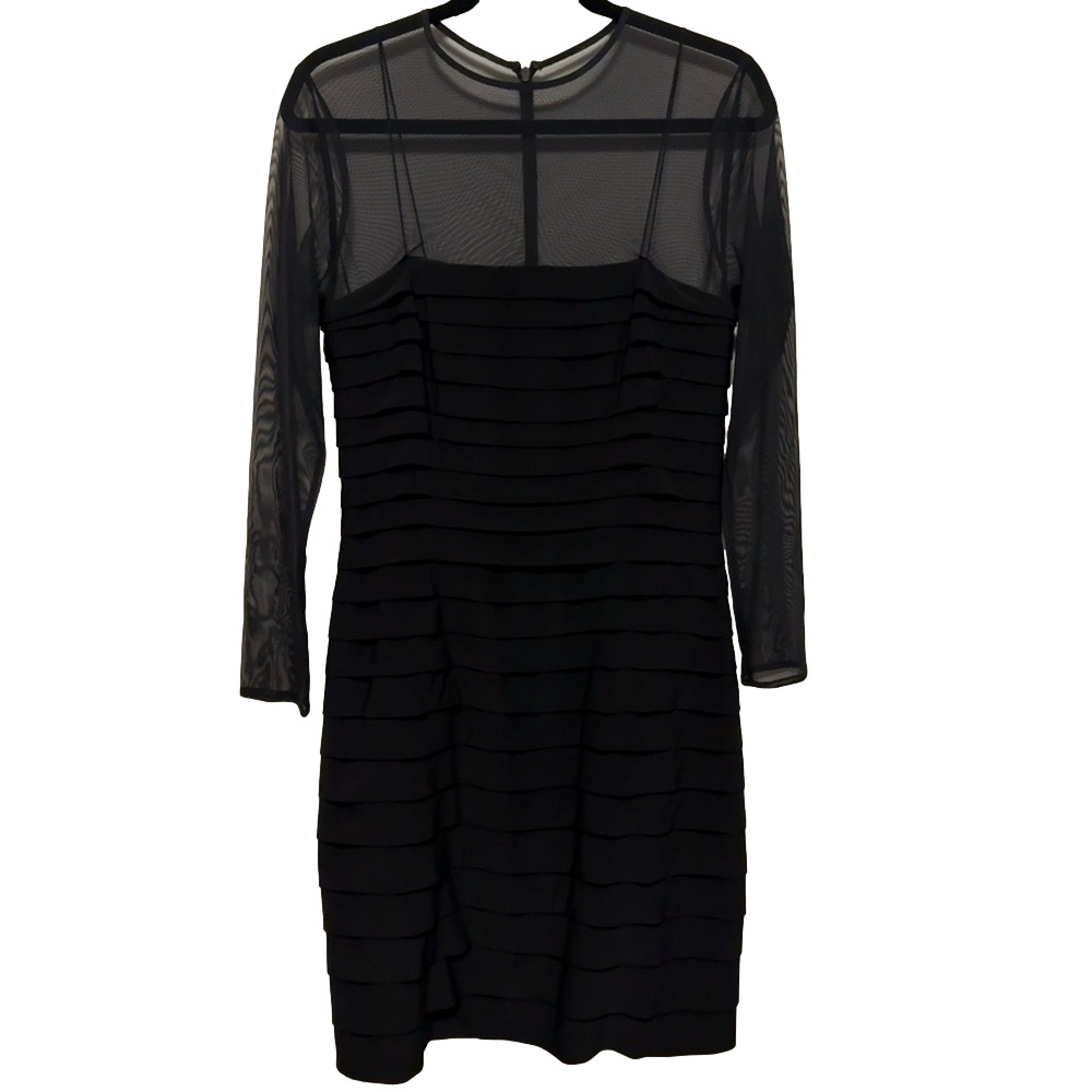 Lauren Ralph Lauren Black Long Sleeve Sheath Dress Shutter Pleat Yoke Sheer 10